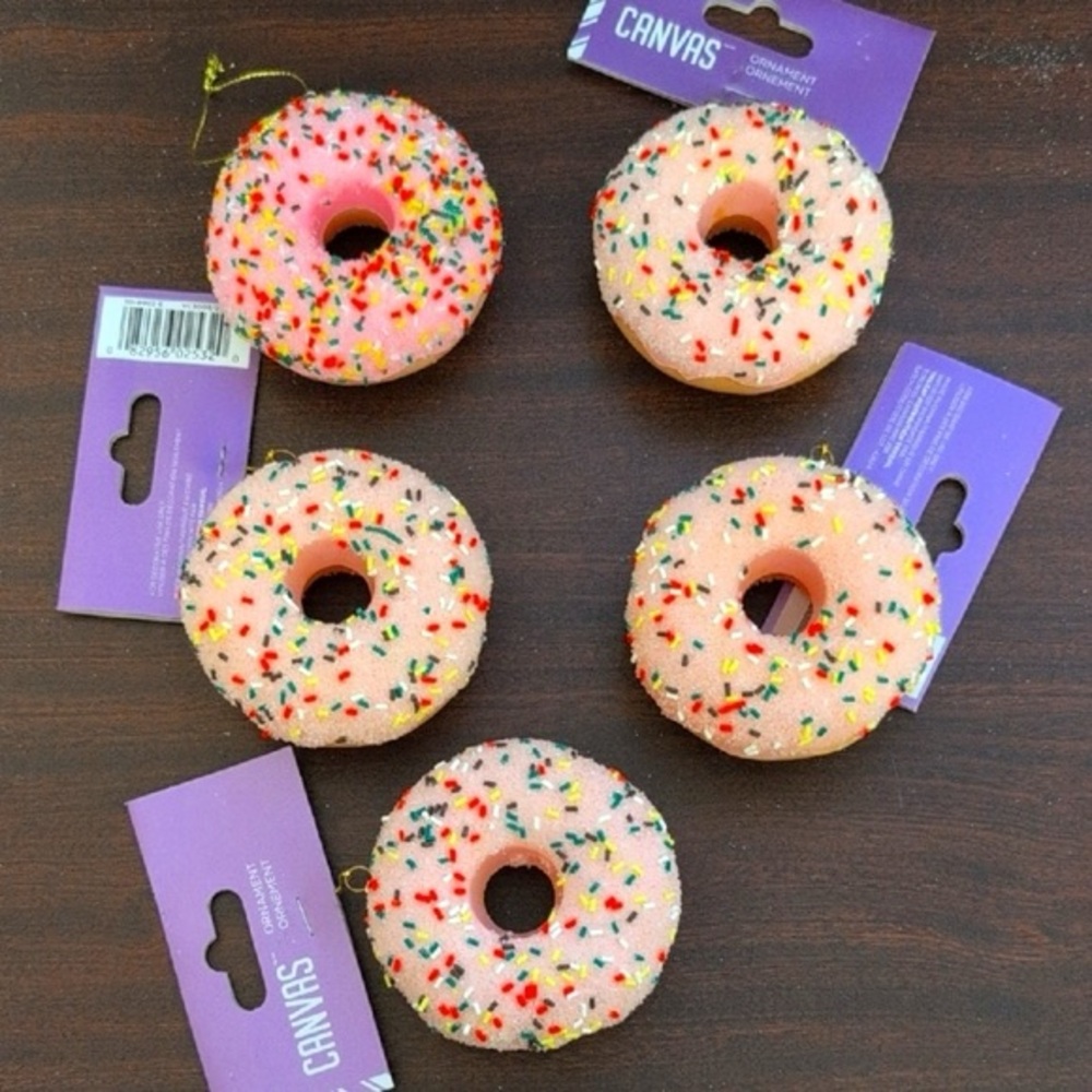 Canvas Pink Donut Christmas Ornaments X5